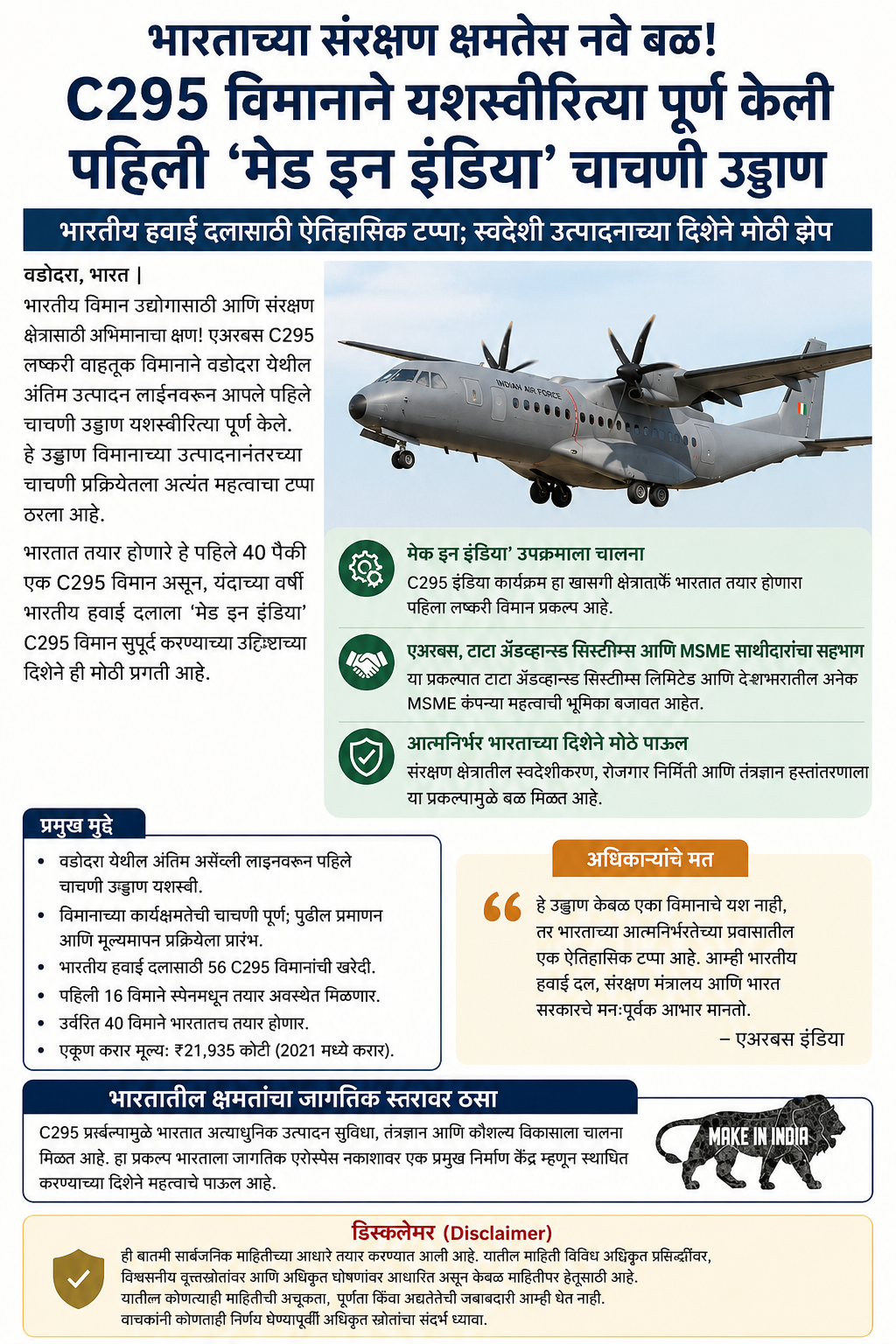 ‘मेक इन इंडिया’ला मोठे यश : भारतात निर्मित पहिल्या C-295 लष्करी विमानाची यशस्वी चाचणी उड्डाण