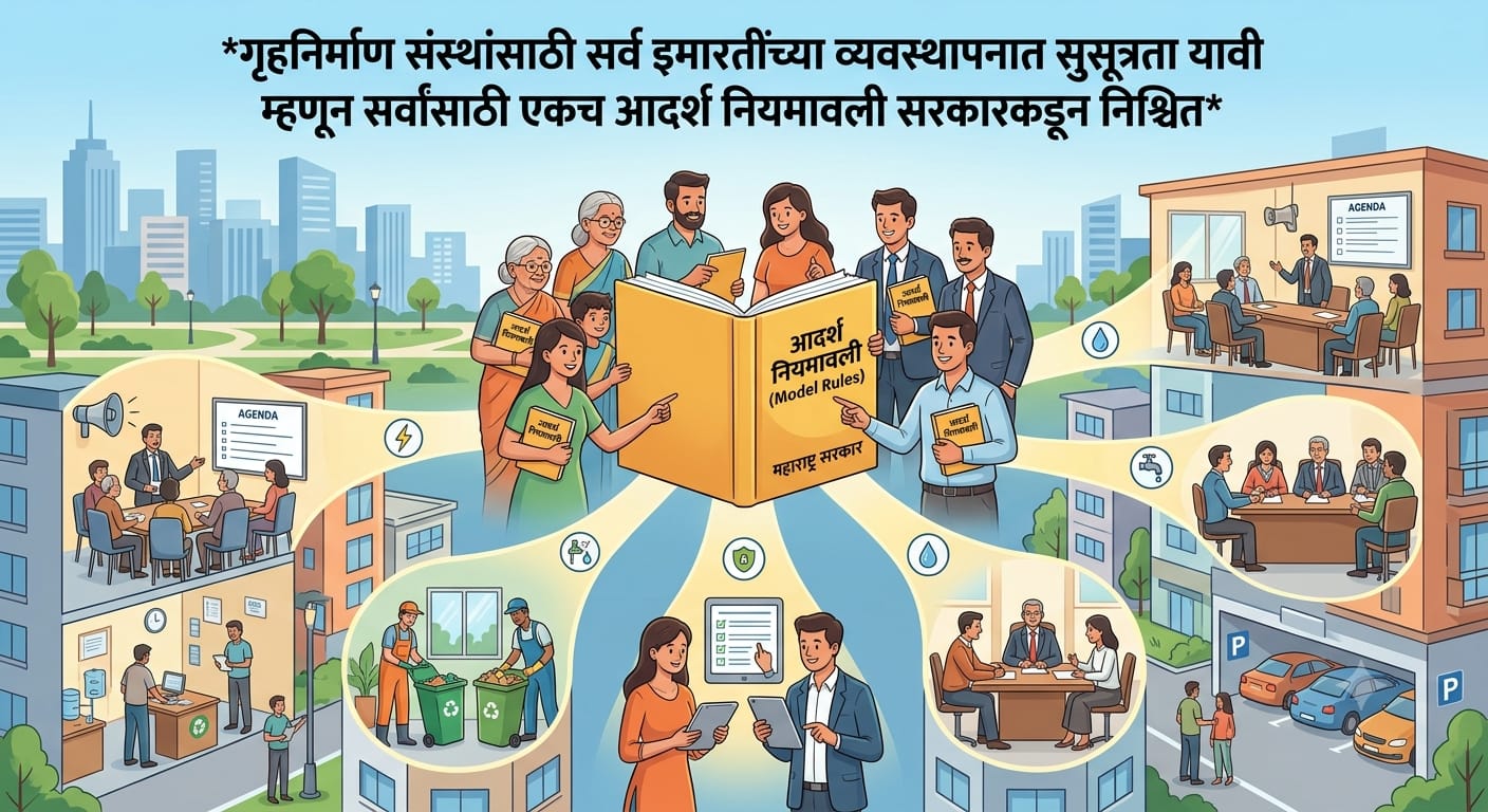 गृहनिर्माण संस्थांसाठी सर्व इमारतींच्या व्यवस्थापनात सुसूत्रता यावी म्हणून सर्वांसाठी एकच आदर्श नियमावली सरकारकडून निश्चित