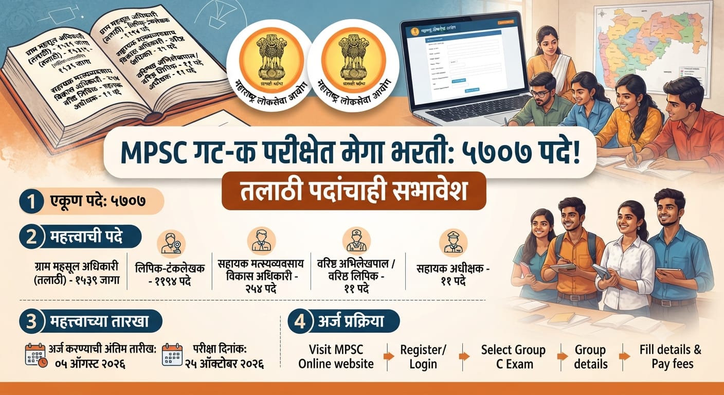 MPSC गट-क 2026 मध्ये 5,707 पदांची मेगा भरती; तलाठीच्या 1,539 नव्या जागांचा समावेश, अर्जासाठी मुदतवाढ